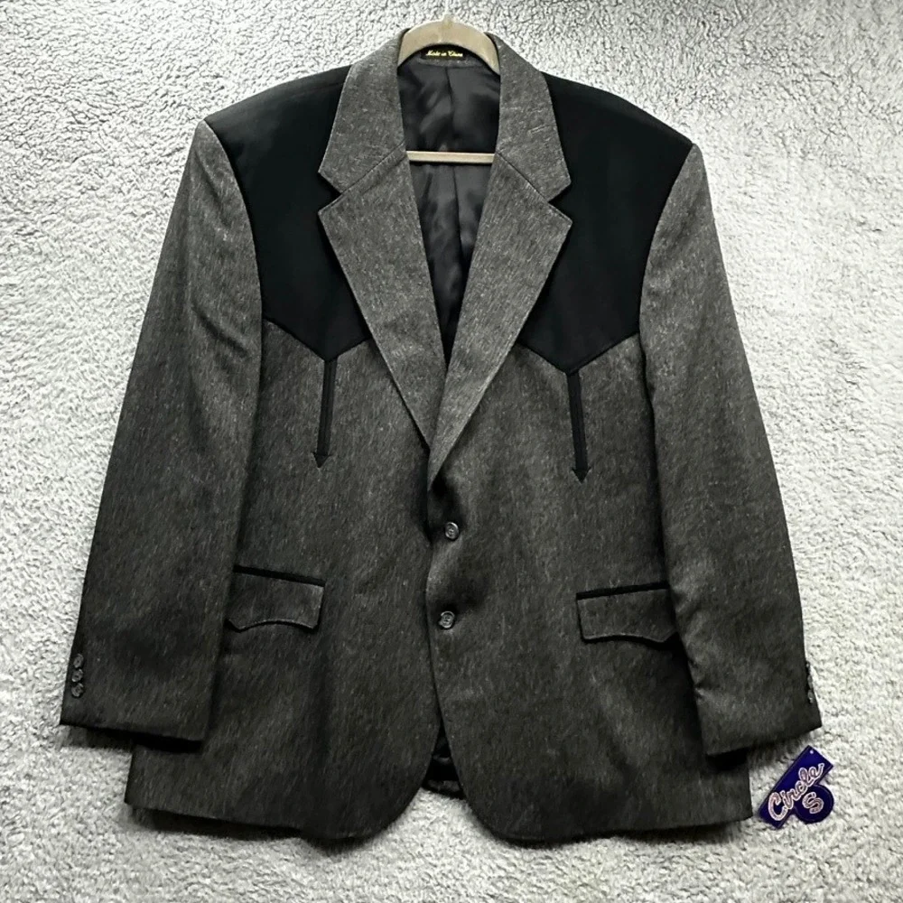 NWT Circle S Mens 52R Grey Western Sport Coat Black Yoke Blazer Cowboy Jacket